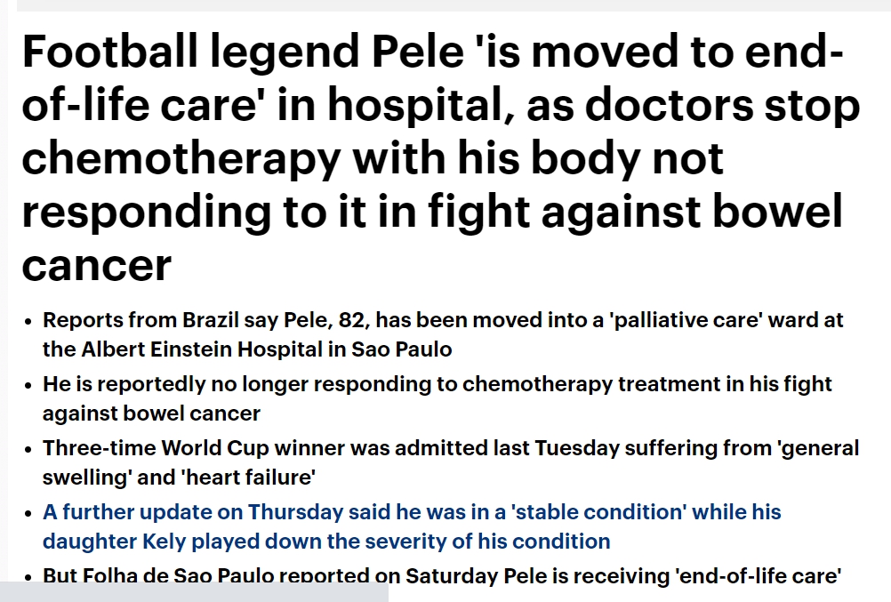 传奇球王贝利因癌症晚期进入临终关怀阶段